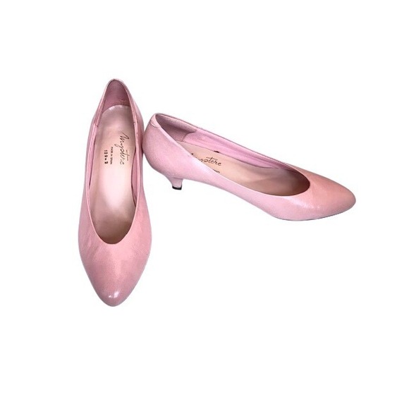 VTG 80s Mystere Pink Leather Kitten Heels Made in Spain Almond Toe Pumps Sz 8 - Picture 3 of 11